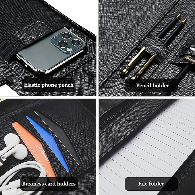 ProCase Portfolio Business Padfolio Folder with Handle and Zipper, Conference Meeting Executive File Legal Document Organizer with Pockets Letter Size A4 Writing Pad Notepad Padfolio -Allblack
