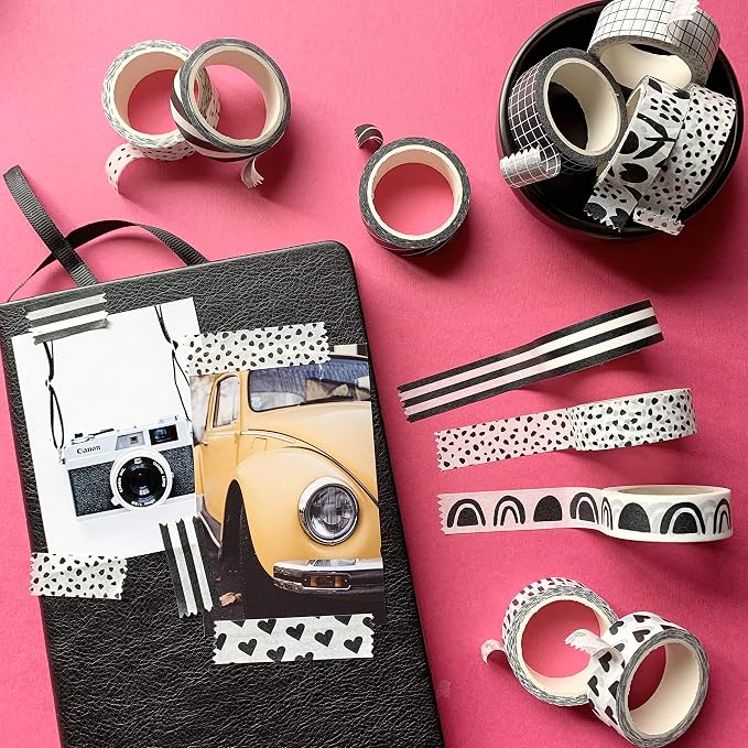ZYNSHE Washi Tape Set of 12 Rolls of 15 mm Wide Cute Decorative Washi Tape for Journaling, Scrapbook, Washy Crafts, Bullet Journals, Planners, DIY Décor, Gift Wrapping, Craft Supplies (Black White)