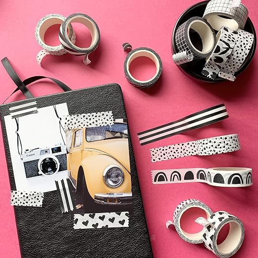 Washi Tape Set of 12 Rolls of 15 mm Wide Cute Decorative Washi Tape for Journaling, Scrapbook, Washy Crafts, Bullet Journals, Planners, DIY Décor, Craft Supplies For Adults & Kids (Black and White)