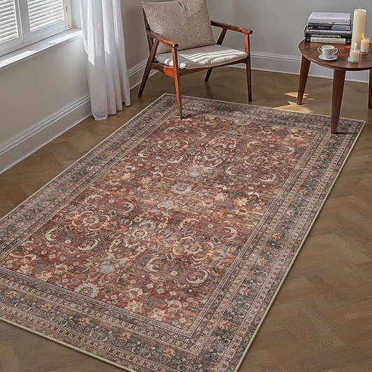 HUGEAR 4x6 Entryway Area Rug Vintage Brick Red Small Rug Machine Washable Door Mat Retro Floral Low Pile Carpet Vacuumable Distressed Throw Rugs Entrance Kitchen Bedroom Non Slip Lightweight
