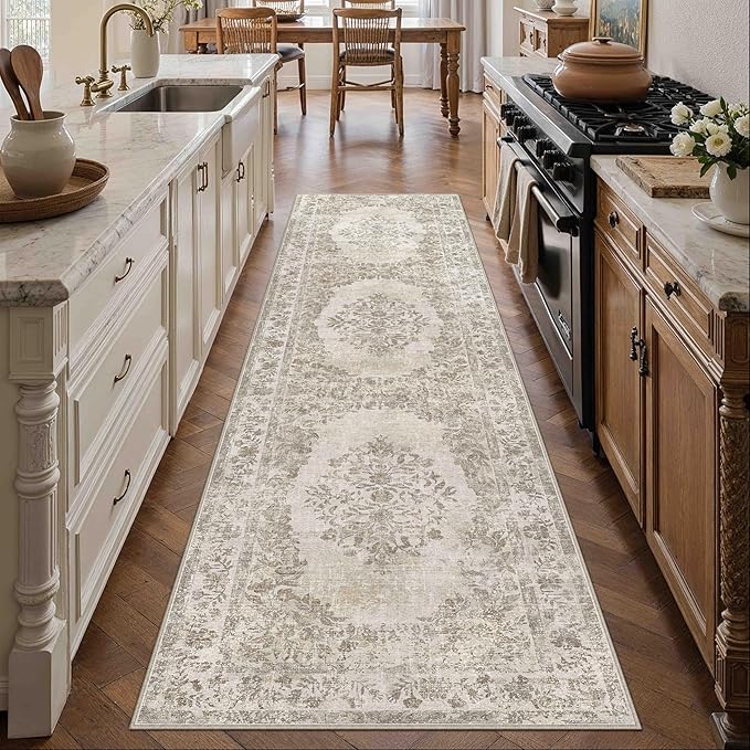 PureCozy 2'6"x8' Runner Rug Beige Washable Hallway Kitchen Bedroom Vintage Distressed Bathroom Non Slip Medallion Floral Carpet Indoor Retro Throw Floor Mat for Office Dining Laundry Living Room