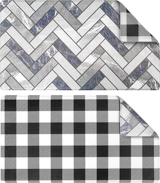 OPUX Anti Fatigue Kitchen Floor Mat, Reversible Cushioned Memory Foam Kitchen Rug Pad, Waterproof Non-Slip Padded Comfort Standing Mat Laundry Home, 32x17 (Buffalo Check Black White Herringbone)