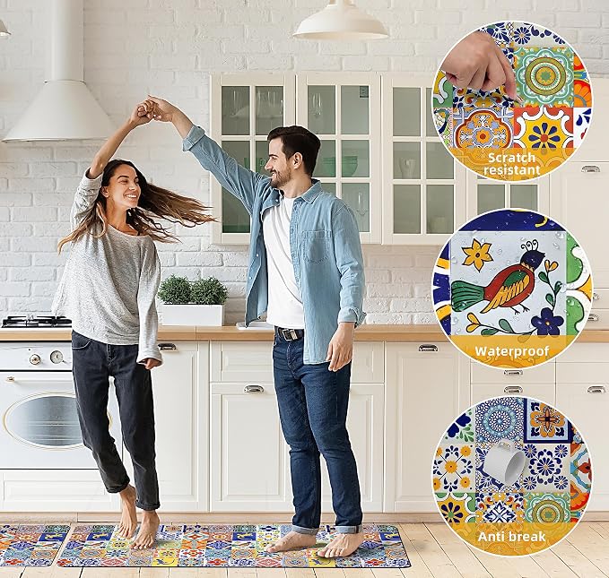 weesire Boho Kitchen Rugs Set 2 Pieces Memory Foam Colorful Ceramic Comfort Tile Floor Mat Anti Fatigue Non-Skid PVC Runner Rug Water & Oil Proof Carpet for Kitchen Laundry Sink,17.3x28+17.3x47 Inch