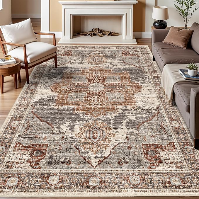 Living Room 7x9 Area Rugs - Washable Area Rug with Non Slip Backing Low Pile Soft Carpet for Bedroom Vintage Rugs Indoor Ultra-Thin Carpets Home Decor Decoration Mat 7x9 Brick