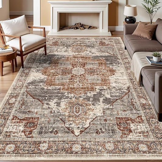 Living Room 7x9 Area Rugs - Washable Area Rug with Non Slip Backing Low Pile Soft Carpet for Bedroom Vintage Rugs Indoor Ultra-Thin Carpets Home Decor Decoration Mat 7x9 Brick