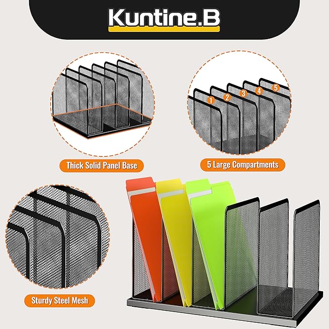 Kuntine.B Desk File Organizer Upright Mesh Desktop Organizer File Sorter Office Organization File Holder for Home, Office & Classroom (Black, 1 Pack 5-Section)