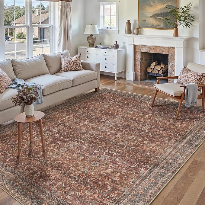 HUGEAR Area Rug 9x12 Vintage Brick Red Machine Washable Living Room Rugs Distressed Retro Floral Vacuumable Low Pile Carpet Bedroom Office Dining Room Laundry Room Non Slip Soft Lightweight