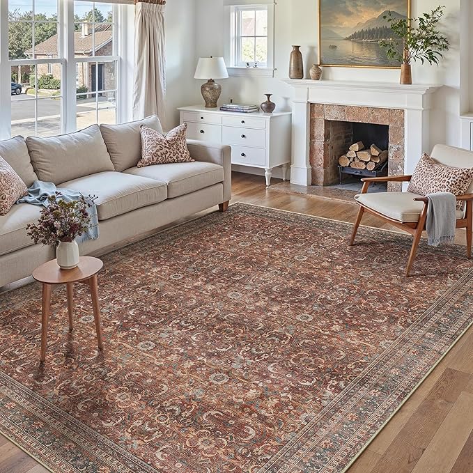HUGEAR Area Rug 8x10 Vintage Brick Red Machine Washable Living Room Rugs Distressed Retro Floral Vacuumable Low Pile Carpet Bedroom Office Dining Room Laundry Room Non Slip Soft Lightweight