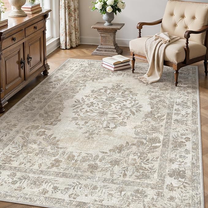 PureCozy 4x5 Area Rug Beige Washable Office Vintage Distressed Carpet Bedroom Indoor Neutral Medallion Floral Living Room Non Slip Retro Throw Floor Mat for Dining Room Kitchen Bathroom