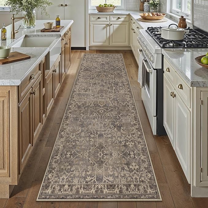 HUGEAR 3x8 Runner Rug Hallway Retro Brown Machine Washable Vintage Floral Low Pile Carpet Vacuumable Distressed Long Throw Rug Bedroom Office Bathroom Kitchen Laundry Non Slip Soft Lightweight