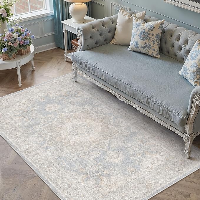 PureCozy Blue 3x5 Area Rug Washable Vintage Office Carpet Non Slip Low Pile Indoor Entryway Door Mat Soft Retro Oriental Medallion Accent Throw Rug for Bathroom Office Bedroom Living Room
