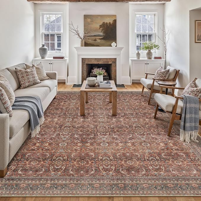 HUGEAR Area Rug 6x9 Vintage Brick Red Machine Washable Living Room Rugs Distressed Retro Floral Vacuumable Low Pile Carpet Bedroom Office Dining Room Laundry Room Non Slip Soft Lightweight