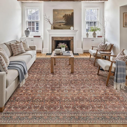 HUGEAR Area Rug 6x9 Vintage Brick Red Machine Washable Living Room Rugs Distressed Retro Floral Vacuumable Low Pile Carpet Bedroom Office Dining Room Laundry Room Non Slip Soft Lightweight