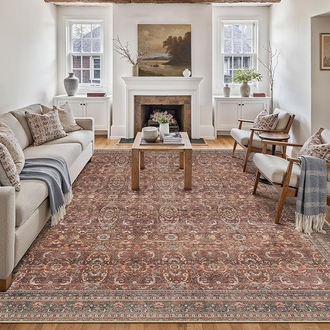 HUGEAR Area Rug 8x10 Vintage Brick Red Machine Washable Living Room Rugs Distressed Retro Floral Vacuumable Low Pile Carpet Bedroom Office Dining Room Laundry Room Non Slip Soft Lightweight