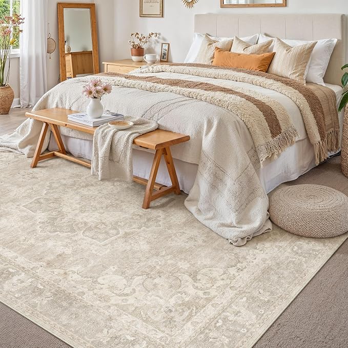 PureCozy Beige 5x7 Area Rug for Living Room Washable Vintage Carpet Non Slip Low Pile Indoor Bedroom Soft Retro Oriental Medallion Accent Throw Large Rug for Kitchen Dining Room Office