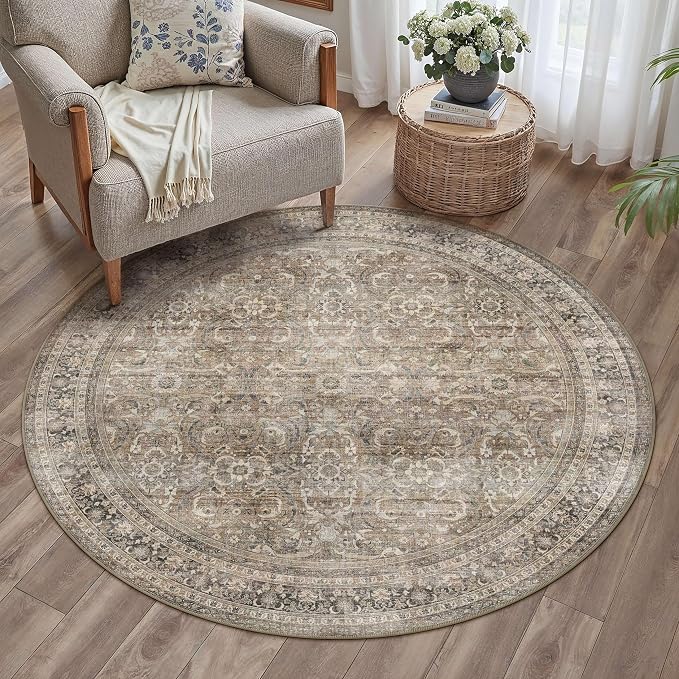 HUGEAR 5ft Round Rug Entryway Rugs Machine Washable Brown Hallway Area Rug 5x5 Small Circle Floral Low Pile Carpet Vacuumable Throw Rug Living Room Laundry Entrance Non Slip Soft Lightweight