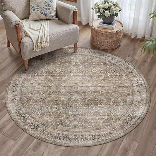 HUGEAR 4ft Round Rug Entryway Rugs Machine Washable Brown Hallway Area Rug 4x4 Small Circle Floral Low Pile Carpet Vacuumable Throw Rug Living Room Laundry Entrance Non Slip Soft Lightweight
